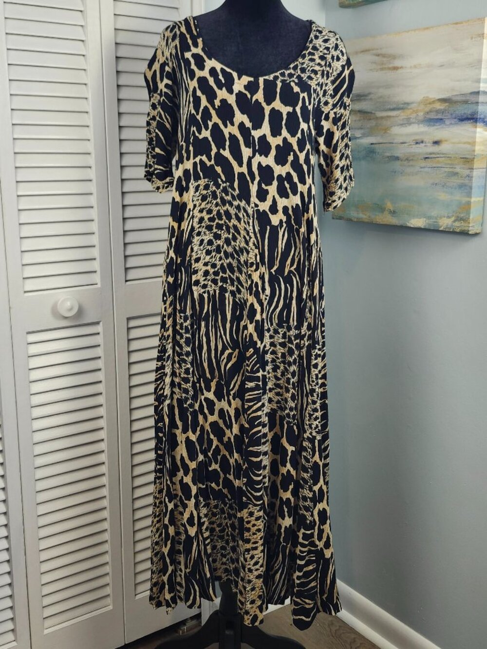 VTG American Angel Maxi Dress sz M Flowy Rayon Gauze Stretch Animal Print Boho